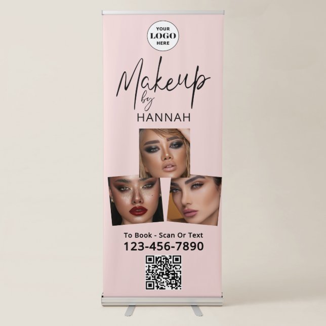 Blush Pink Script Logo QR Code Photo Makeup Retractable Banner (Front)