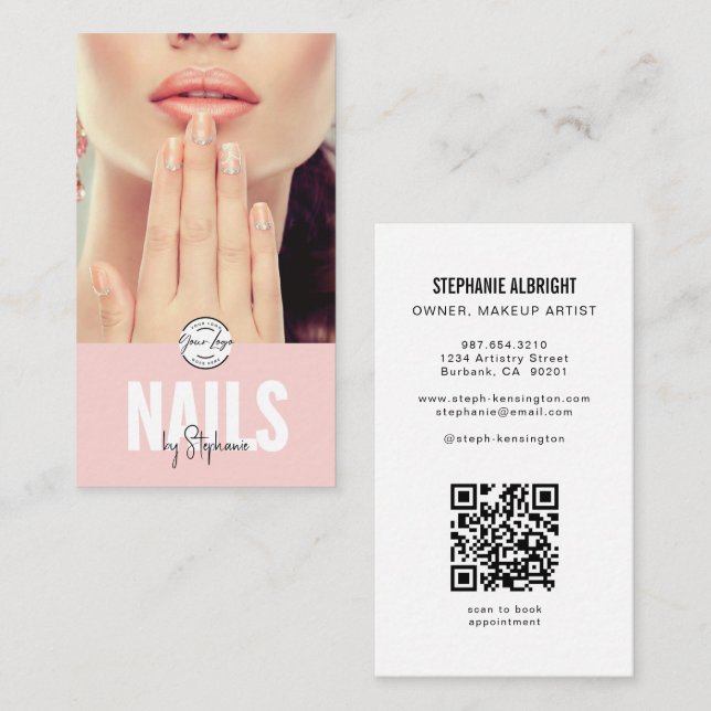 Blush Pink Script Logo QR Code Photo Nail Artist Business Card (Front/Back)