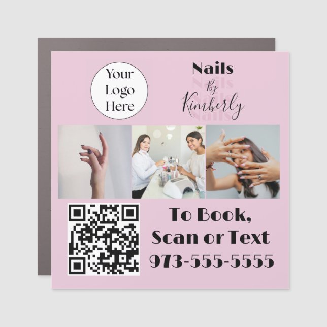 Blush Pink Script Logo QR Code Photo Nail Salon Car Magnet (Front)
