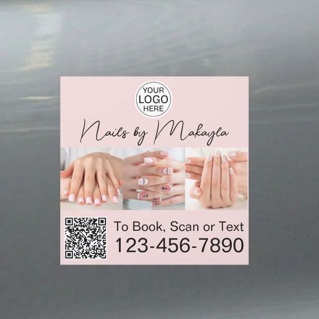 Blush Pink Script Logo QR Code Photo Nail Salon Car Magnet (Creator Uploaded)