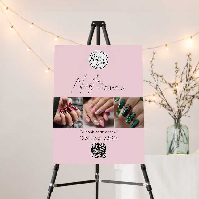 Blush Pink Script Logo QR Code Photo Nail Salon Foam Board (In Situ (Stand))