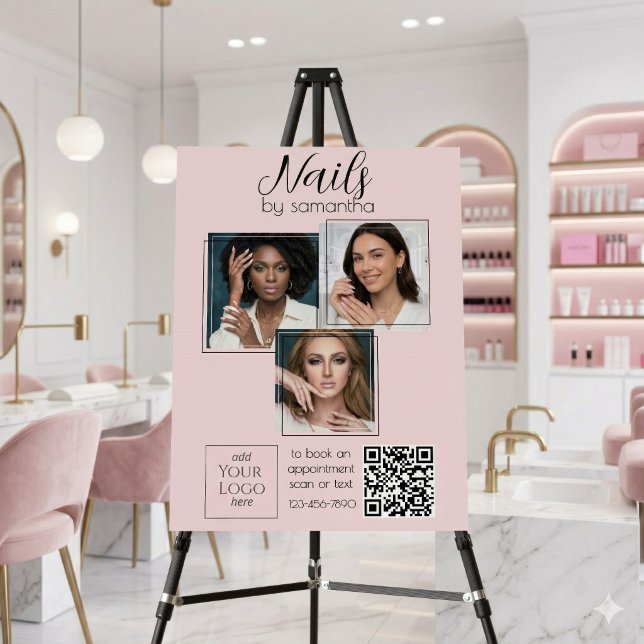 Blush Pink Script Logo QR Code Photo Nail Salon Foam Board (Creator Uploaded)
