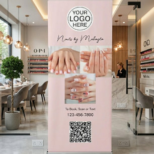 Blush Pink Script Logo QR Code Photo Nail Salon Retractable Banner