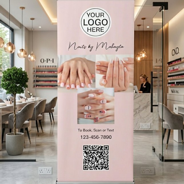 Blush Pink Script Logo QR Code Photo Nail Salon Retractable Banner (Creator Uploaded)
