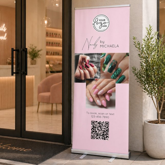 Blush Pink Script Logo QR Code Photo Nail Studio Retractable Banner (Creator Uploaded)
