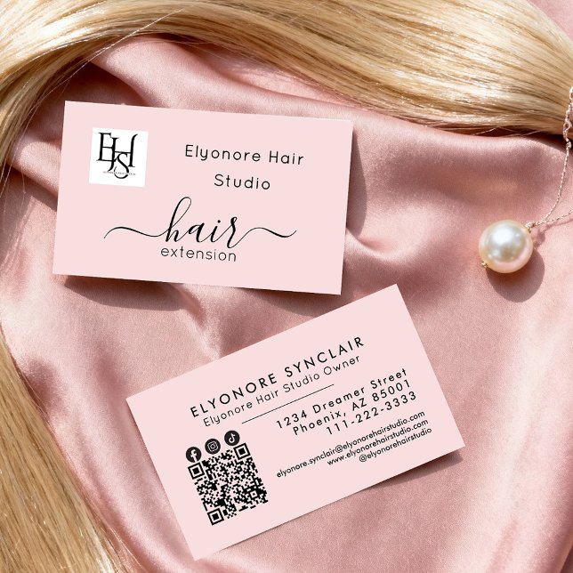 Blush Pink Script Logo QR Social Hair Extension Business Card (Creator Uploaded)