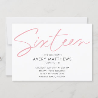 Blush Pink Script Modern Sweet 16 Birthday Party Invitation