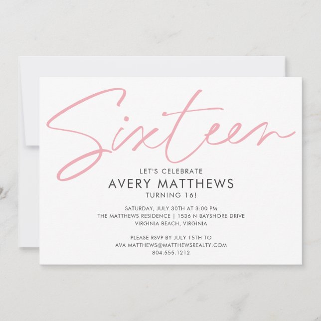 Blush Pink Script Modern Sweet 16 Birthday Party Invitation (Front)