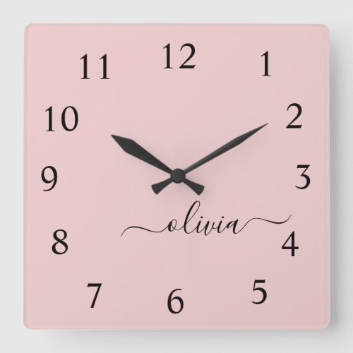 Blush Pink Script Monogram Girly Name Square Wall Clock
