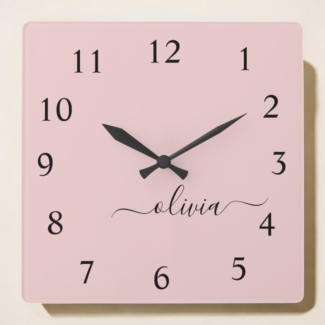 Blush Pink Script Monogram Girly Name Square Wall Clock (Creator Uploaded)