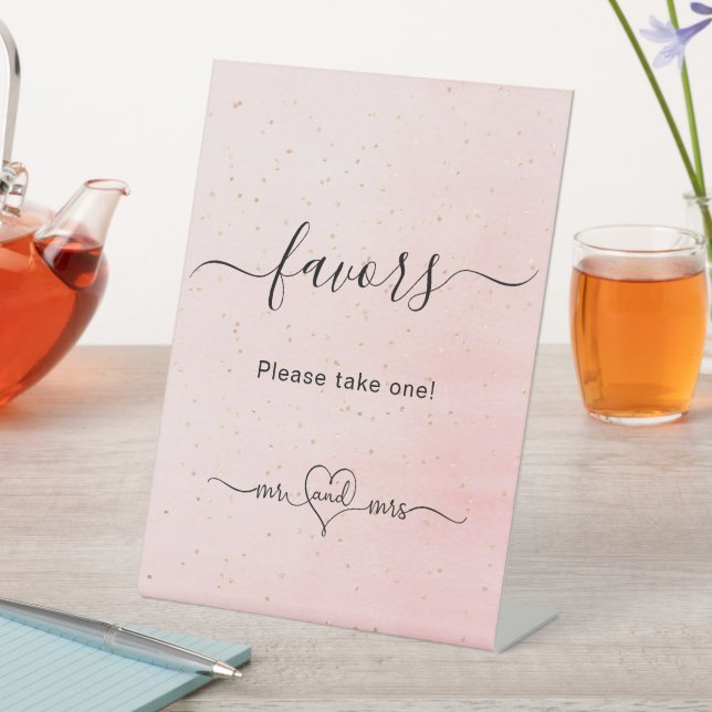 Blush pink script mr mrs wedding favors pedestal sign (In SItu)