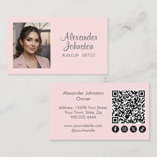 Blush Pink Script ocial Icon QR Code Photo Makeup Business Card (Front/Back)