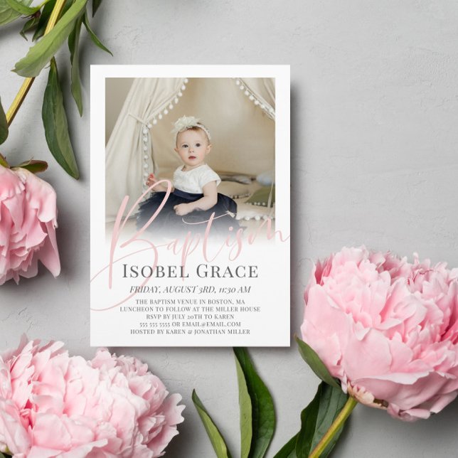 Blush Pink Script Photo Baptism  Invitation (Creator Uploaded)