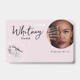 Blush Pink Script Photo Logo Makeup Artist Name Badge