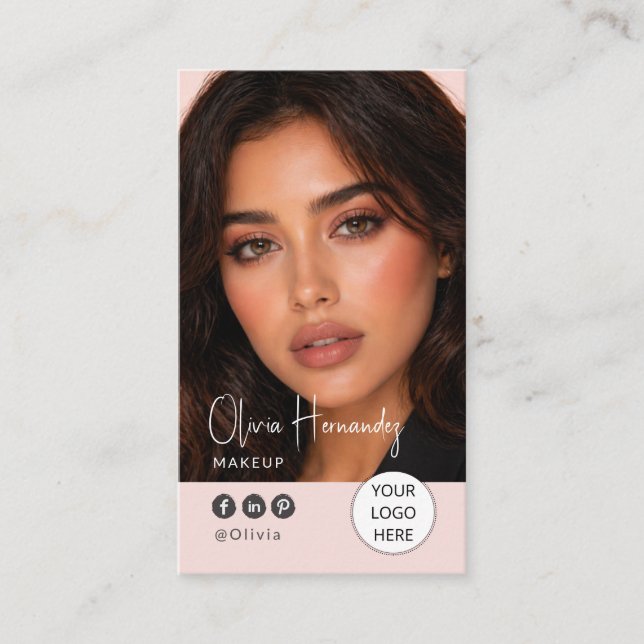 Blush Pink Script Photo Makeup Artist Business Card (Front)