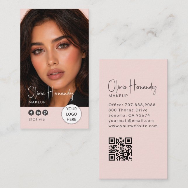 Blush Pink Script Photo Makeup Artist Business Card (Front/Back)