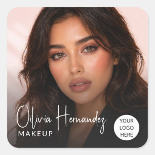 Blush Pink Script Photo Makeup Artist Square Sticker