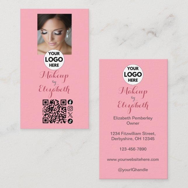 Blush Pink Script Photo Makeup Business Card (Front/Back)