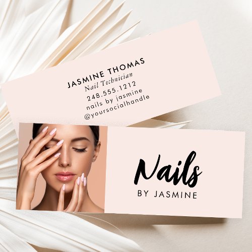 Blush Pink Script Photo Nail Technician Mini Business Card