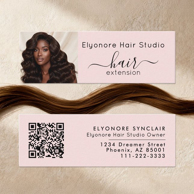 Blush Pink Script Photo QR Social Hair Extension Mini Business Card (Creator Uploaded)
