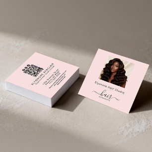 Blush Pink Script Photo QR Social Hair Extension Square Business Card