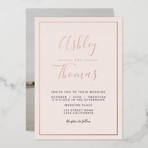 Blush pink script photo wedding geometric frame foil invitation