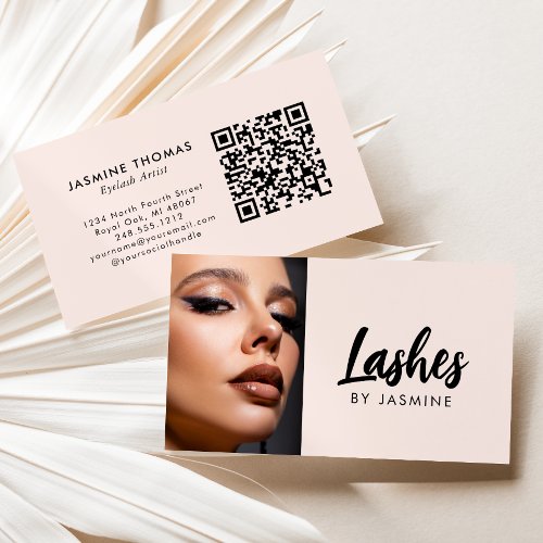 Blush Pink Script QR Code Photo Lash Artist Business Card