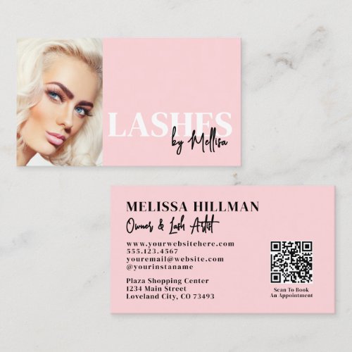 Blush Pink Script QR Code Photo Lashes Business Card