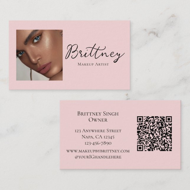 Blush Pink Script QR Code Photo Makeup Business Card (Front/Back)