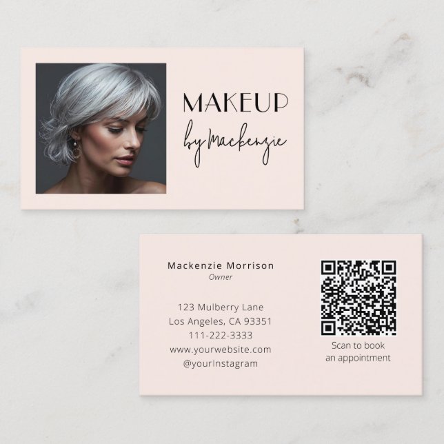 Blush Pink Script QR Code Photo Makeup Business Card (Front/Back)