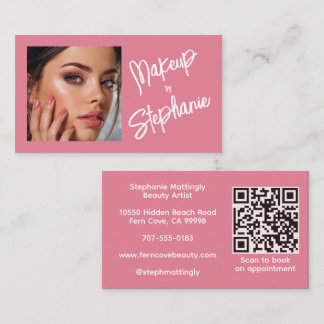 Blush Pink Script QR Code Photo Makeup Business Card
