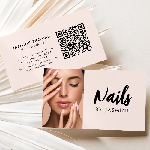 Blush Pink Script QR Code Photo Nail Salon Business Card
