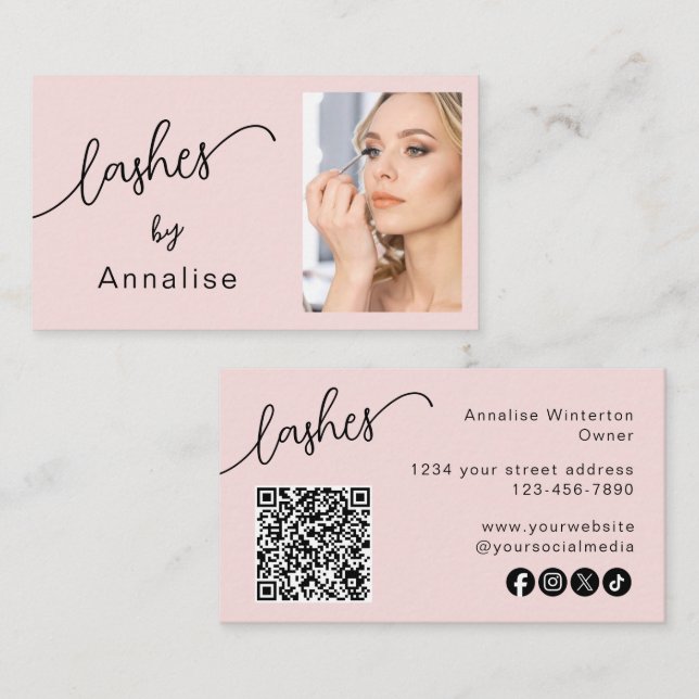 Blush Pink Script Social Icon QR Code Photo Lashes Business Card (Front/Back)