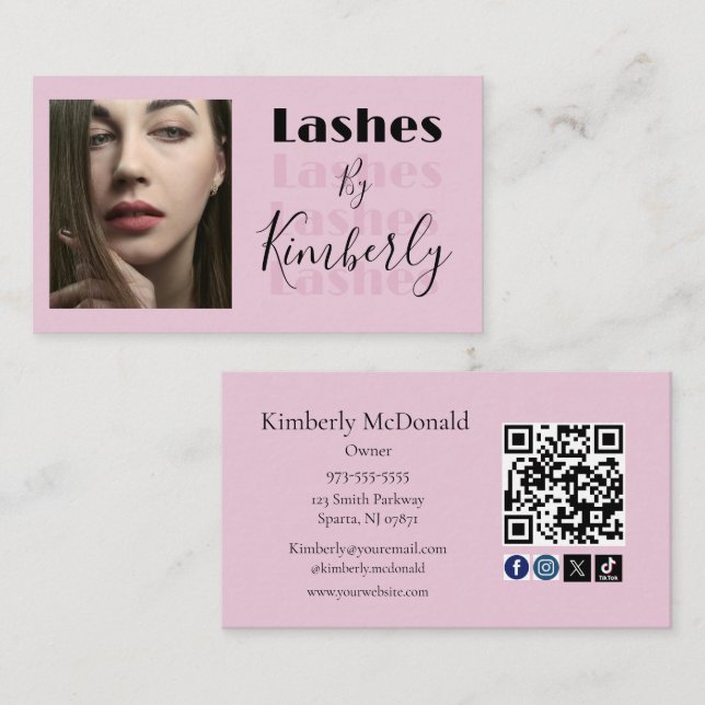 Blush Pink Script Social Icon QR Code Photo Lashes Business Card (Front/Back)