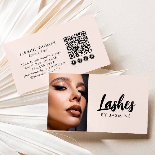 Blush Pink Script Social Icon QR Code Photo Lashes Business Card