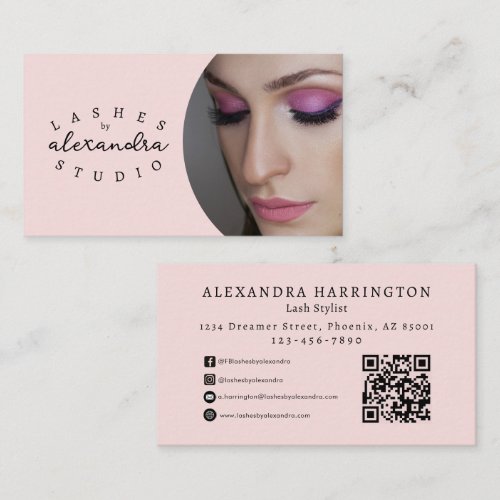 Blush Pink Script Social Icon QR Code Photo Lashes Business Card