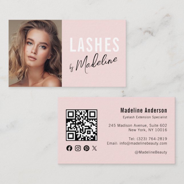 Blush Pink Script Social Icon QR Code Photo Lashes Business Card (Front/Back)