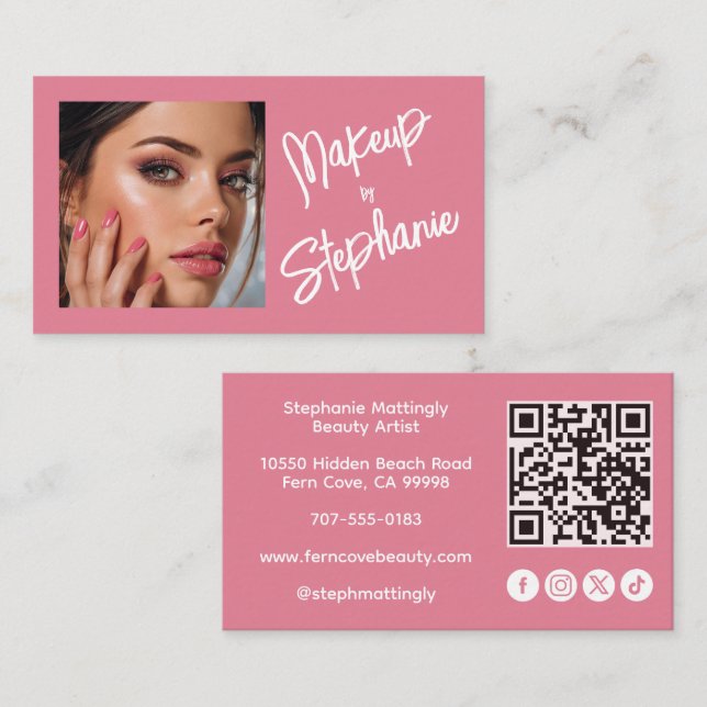 Blush Pink Script Social Icon QR Code Photo Makeup Business Card (Front/Back)