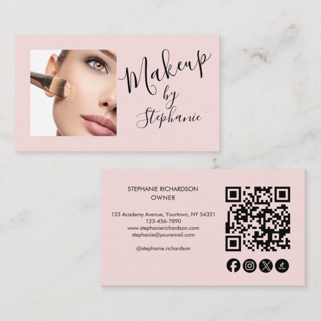 Blush Pink Script Social Icon QR Code Photo Makeup Business Card (Front/Back)