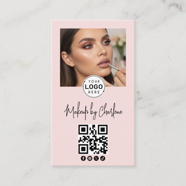 Blush Pink Script Social Icon QR Code Photo Makeup Business Card (Front)