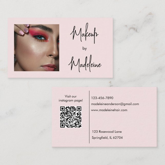 Blush Pink Script Social Icon QR Code Photo Makeup Business Card (Front/Back)