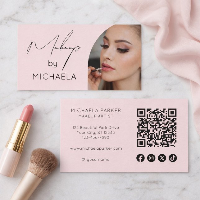 Blush Pink Script Social Icon QR Code Photo Makeup Business Card (Creator Uploaded)
