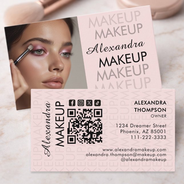 Blush Pink Script Social Icon QR Code Photo Makeup Business Card (Creator Uploaded)