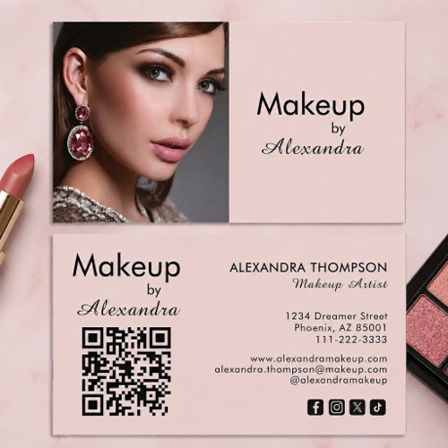 Blush Pink Script Social Icon QR Code Photo Makeup Business Card