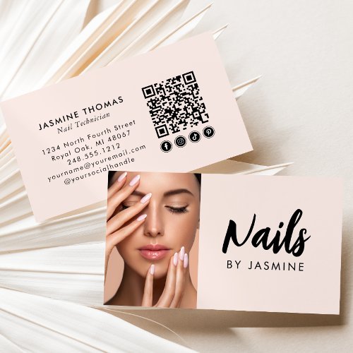 Blush Pink Script Social Icon QR Code Photo Nails Business Card