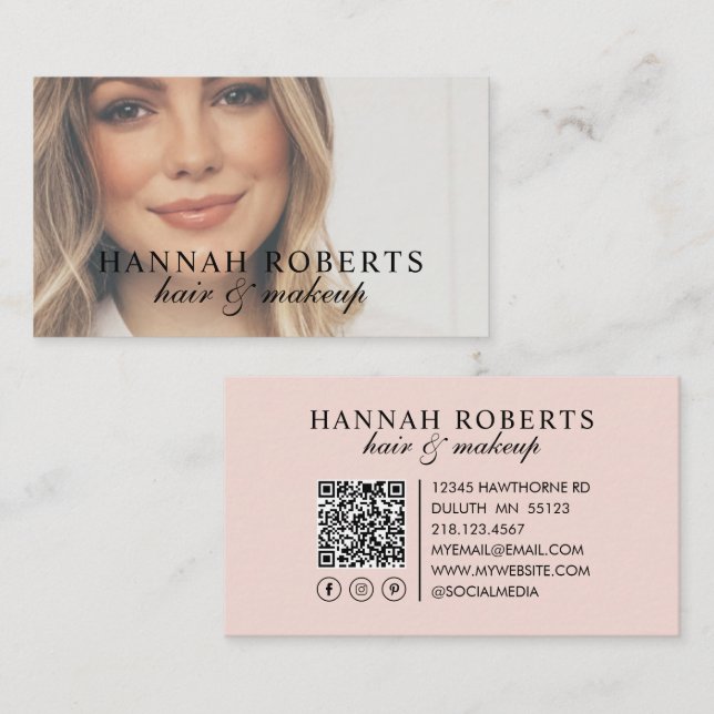 Blush Pink Script Social QR Code Photo Hair Makeup Business Card (Front/Back)
