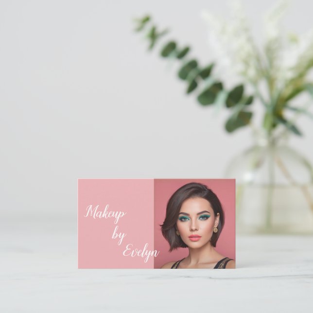 Blush Pink Script Social QR Code Photo Makeup Business Card (Standing Front)
