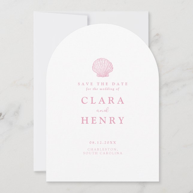 Blush Pink Seashell Wedding Save the Date Card (Front)