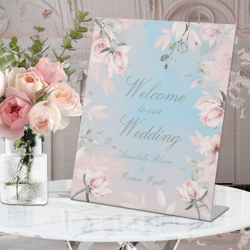 Blush Pink Secret Garden Roses Welcome Wedding 3 Pedestal Sign
