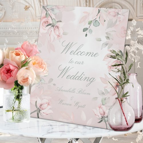 Blush Pink Secret Garden Roses Welcome Wedding Pedestal Sign